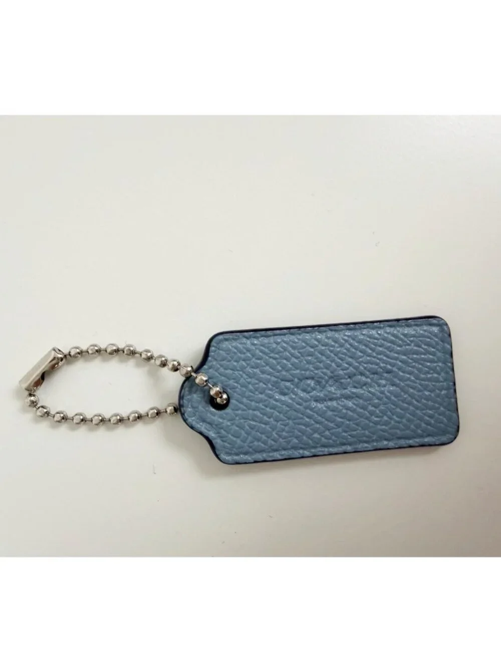 COACH Hang Tag Fob Bag Charm Ice Blue Black Leather, Silver Ball Chain